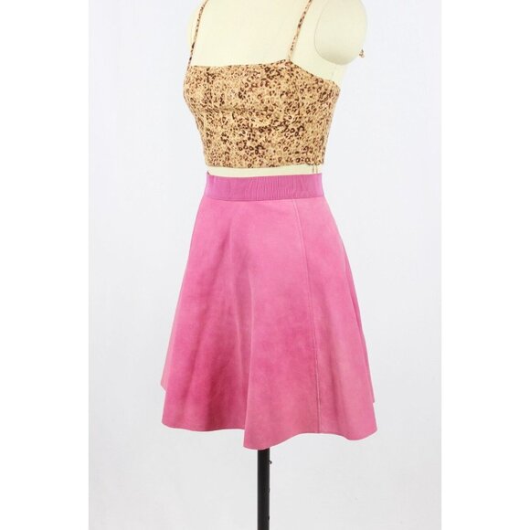 3.1 PHILLIP LIM Fuchsia Pink Sheep Skin Leather Suede Circle Mini Skirt, Size 4 - Picture 4 of 16